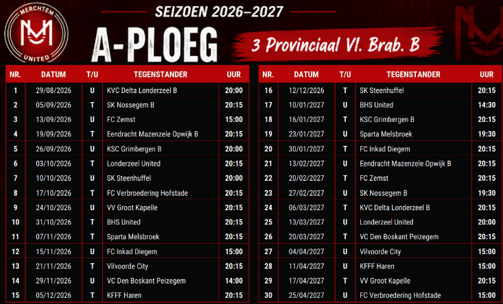 Wedstrijdkalender A-ploeg seizoen 2026-2027, 3de provinciale Vlaams-Brabant B.