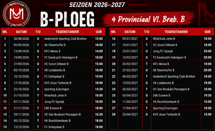 Wedstrijdkalender B-ploeg seizoen 2026-2027, 4de provinciale Vlaams-Brabant B.